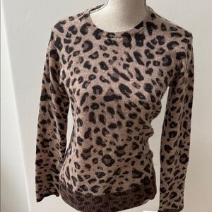 MAGASCHONI Cashmere Leopard Print Sweater, contrast bottom& end of sleeve trim,L